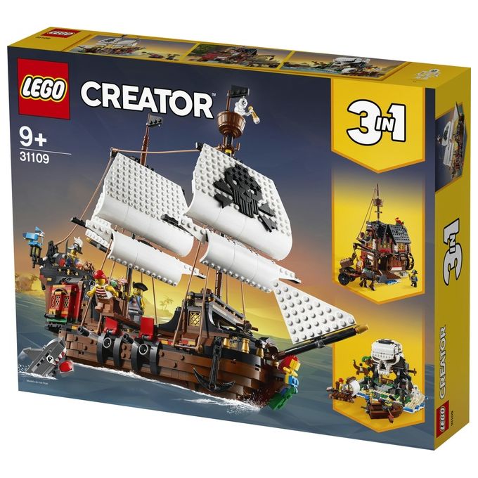 LEGO Creator 31109 Galeone dei Pirati, Set 3 in 1 con Nave Giocattolo, Locanda e Isola del Teschio, Minifigure e Squalo