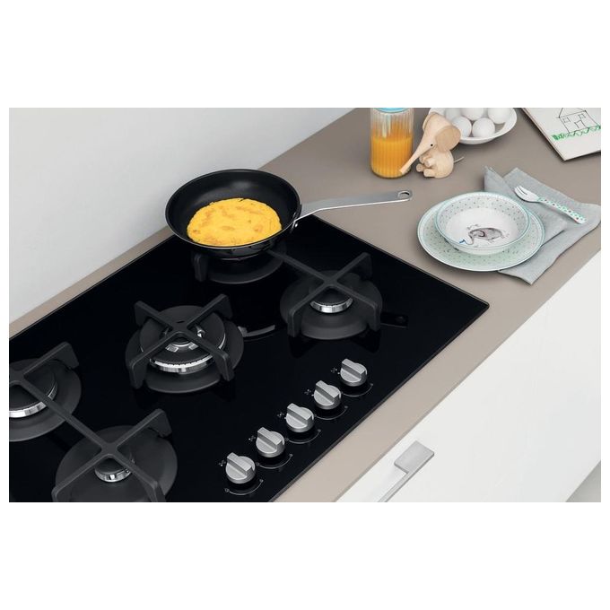 Indesit ING 72T-BK Linea Glass Piano Cottura a Gas 5 Zone 1 High Power Flame Griglie in Ghisa 73 cm Nero