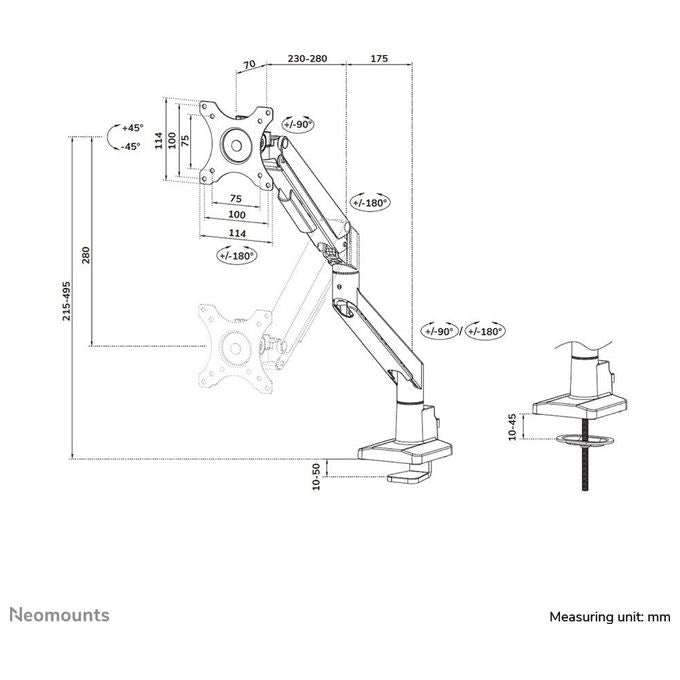 Neomounts W128881659 NEXT Slim Braccio da Scrivania per Monitor 17''-35'' 9 Kg VESA 100x100 mm con Molla a Gas colore Nero
