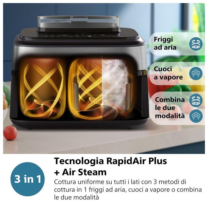 [ComeNuovo] Philips Airfryer Serie 5000 Friggitrice ad aria con doppio cestello 9.0 Litri e cottura a vapore
