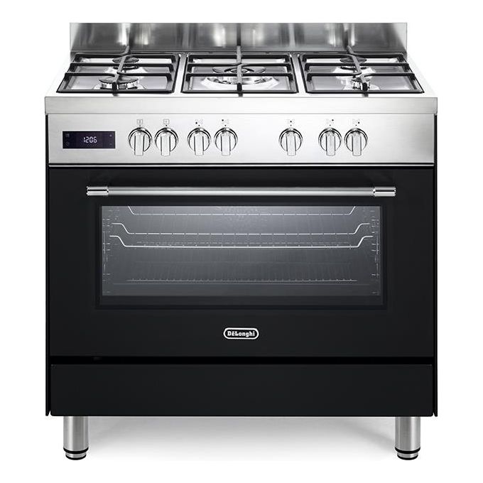 De Longhi PRO 96 MA ED Linea Professional Cucina a Gas Libera Installazione Forno Elettrico 5 Fuochi Griglie in Ghisa Classe energetica A Bruciatore Tripla Corona Pizza Stone Vano Scaldavivande 9 Funzioni 90 cm Antracite