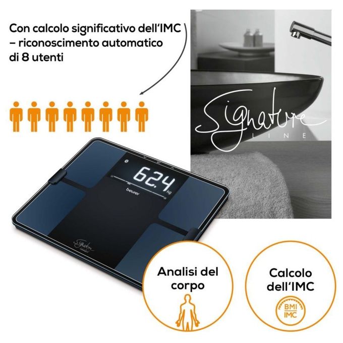 Beurer BF 915 BT Sig. Line Bilancia diagnostica in vetro connettibile - Design Signatureline - Display XL retroilluminato - grigio chiaro - 8 utenti in memoria