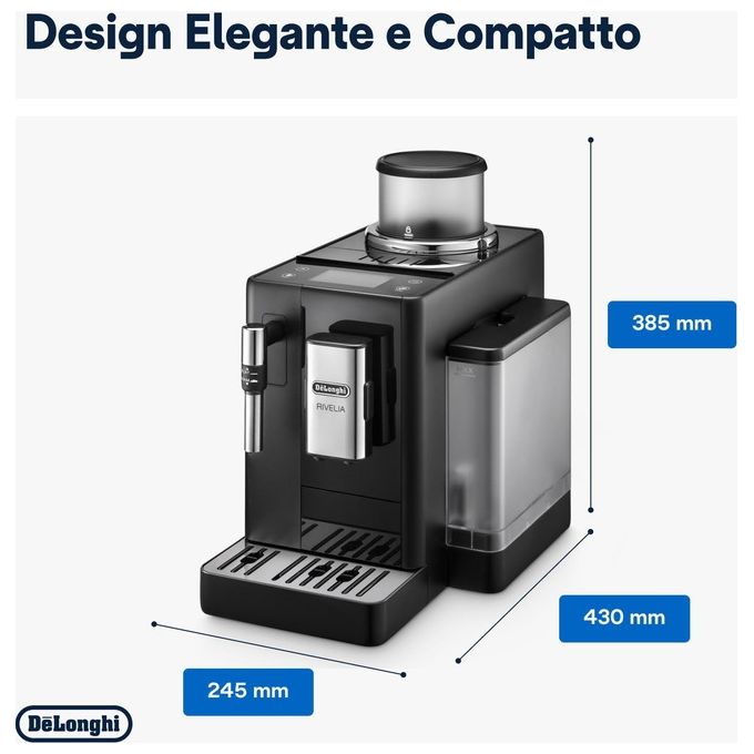DeLonghi Rivelia Perfetto Macchina da Caffe' Automatica Chicchi Macinati al Momento Portachicchi Intercambiabile Montalatte Classico Display Touch a Colori Nero Onice
