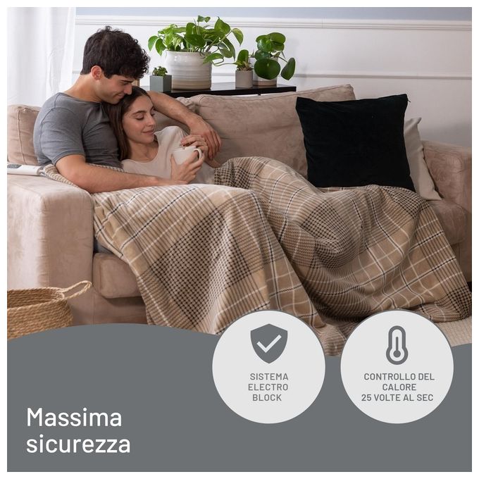 Imetec Adapto Elegance Plaid riscaldabile 180 x 140 cm tessuto morbido Velvet Double Face Risparmio energetico 6 temperature Lavabile