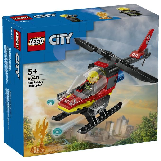 LEGO City 60411 Elicottero dei Pompieri, Veicolo Giocattolo con 2 Elementi Lancia-Acqua e Minifigure, Giochi per Bambini 5+