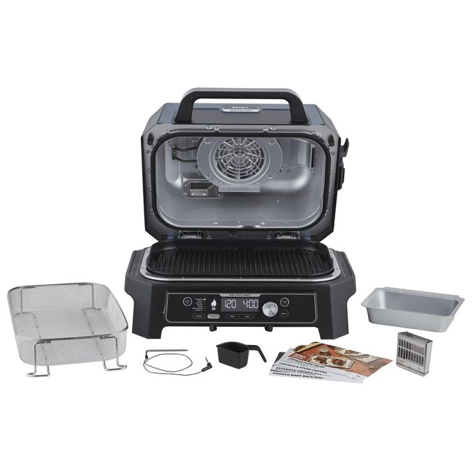 Ninja OG901EU Woodfire Pro Connect XL Barbecue Elettrico Griglia Affumicatore Friggitrice ad Aria 7 in 1 Controllo con App Termometro Digitale Pellet Woodfire Resistente alle Intemperie Nero