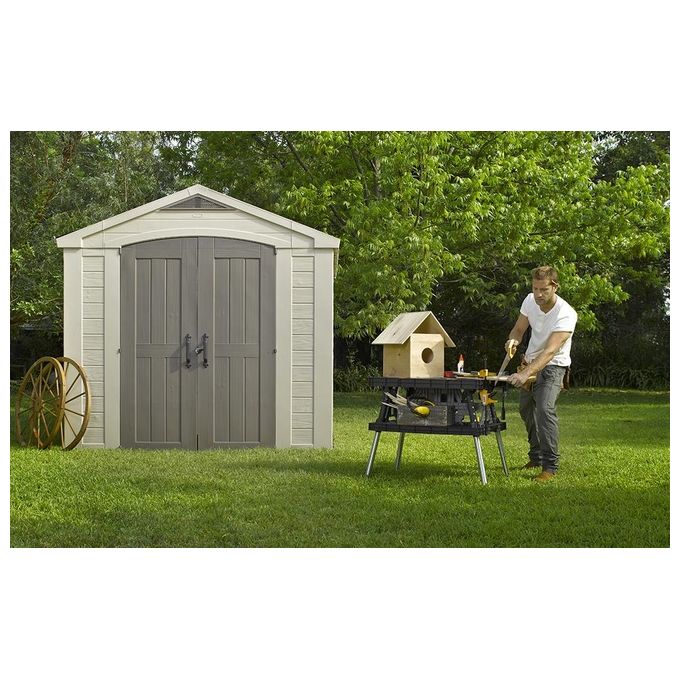 Keter K209875 Factor Casetta da Giardino in Resina 256.5x255x243 cm Pavimento e Mensole Incluse colore Beige