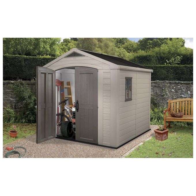 Keter K209875 Factor Casetta da Giardino in Resina 256.5x255x243 cm Pavimento e Mensole Incluse colore Beige