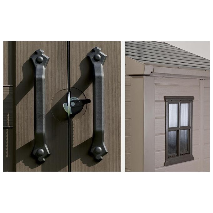 Keter K209875 Factor Casetta da Giardino in Resina 256.5x255x243 cm Pavimento e Mensole Incluse colore Beige