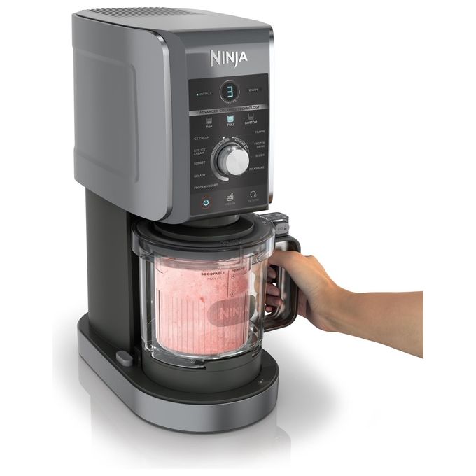 Ninja CREAMi Deluxe NC501EU - Gelatiera turbina elettrica con compressore, capacita' 2,1 L, potenza 800 W, 3 vaschette da 709 ml, 10 programmi (gelato, sorbetto, frappé…), funzione CREAMify, timer digitale, pezzi lavabili in lavastoviglie, Nero-Grigio