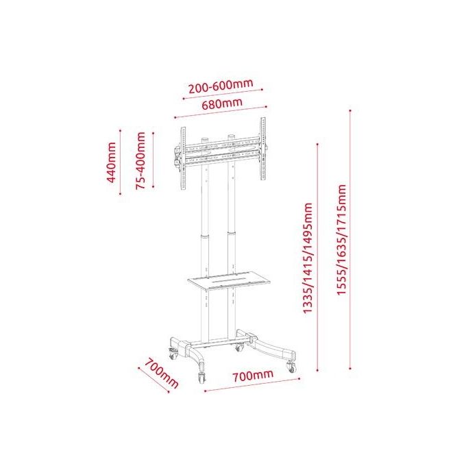 G.b.s. Elettronica PRO-3770 Supporto per Tv 37-70'' da Terra Altezza Regolabile 1335-1495mm Max 40Kg con Ruote