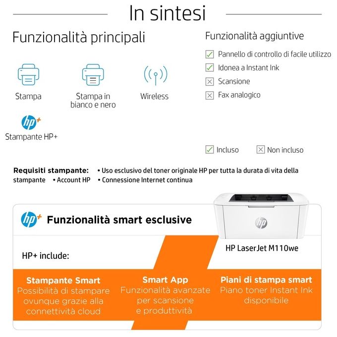 HP LaserJet M110we 7MD66E, Stampante a Singola Funzione Laser A4 Monocromatica, Stampa Fronte e Retro Manuale in b-n, 20 ppm, Wi-Fi, HP Smart, 6 Mesi di Piano Toner Instant Ink incluso con HP+, Bianca