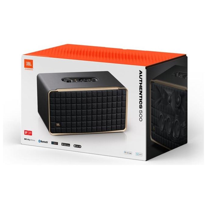 JBL Authentics 500 Smart Home Wifi Speaker Altoparlante Bluetooth dal Design Retro' Anni '70 con Griglia Quadrex Dolby Atmos Assistente Vocale AirPlay One App Nero