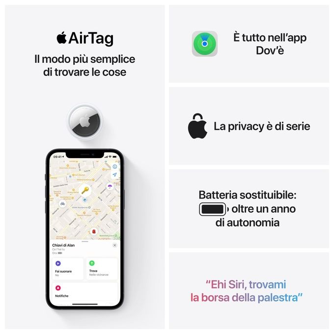 Apple, AirTag, Localizzatore Oggetti, Confezione da 4