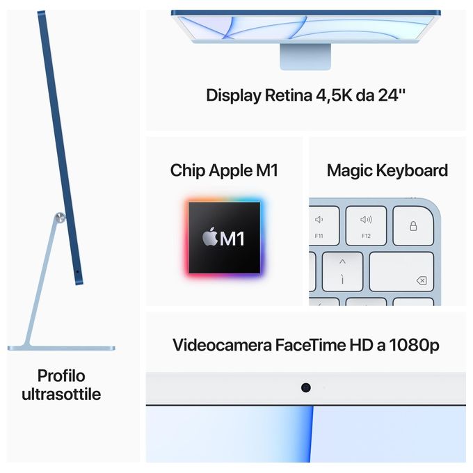 Apple iMac Chip Apple M1 con CPU 8-Core e GPU 7?Core Due Porte 8Gb Hd 256Gb Ssd 24'' Azzurro