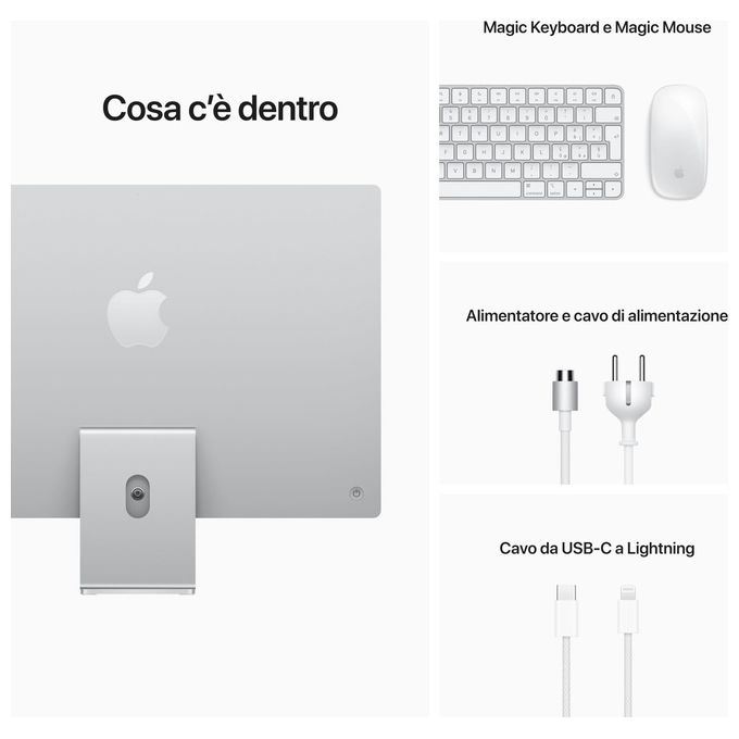 Apple iMac 24'' Chip Apple M1 con CPU 8-Core e GPU 7?Core Due Porte 8Gb Hd 256Gb Ssd Argento 2021