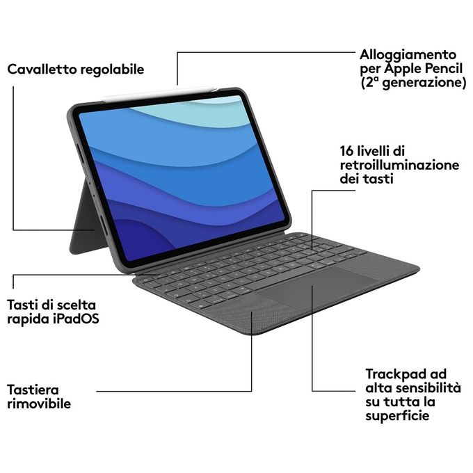 Logitech Combo Touch Grigio Smart Connector Qwerty per iPad Pro 11'' (4a 3a 2a 1a gen) Italiano
