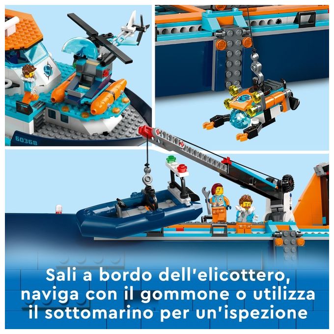 LEGO City 60368 Esploratore Artico, Grande Nave Giocattolo Galleggiante con Elicottero, Gommone, Sottomarino e Relitto Barca