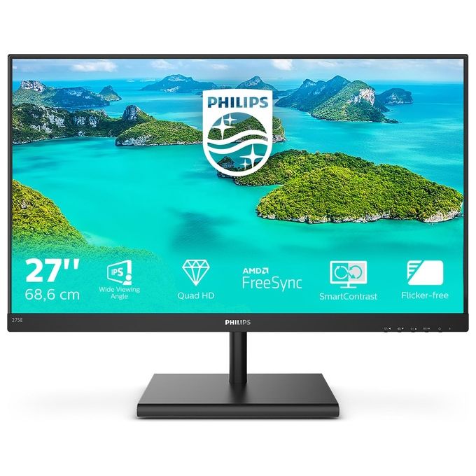 PHILIPS Monitor Gaming 275E1S Monitor, 27'' IPS, AMD Freesync, Quad HD 2560 x 1440, 75 Hz, 4 ms, HDMI, Dispaly Port, VGA, Flicker Free, Low Blue Light, VESA, Nero