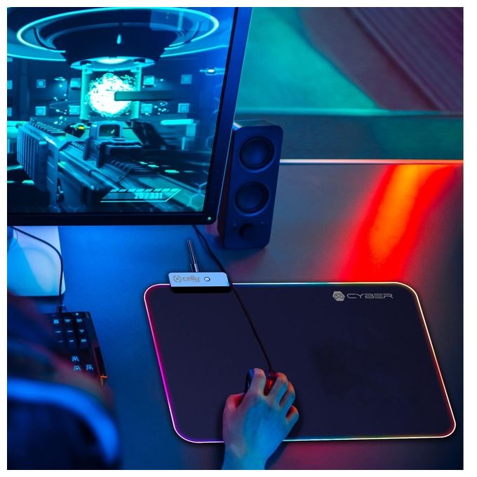 Celly CYBERPADBK Cyberpad Tappetino Mouse Gaming RGB Tessuto Morbido Base Antiscivolo Alimentazione USB colore Nero