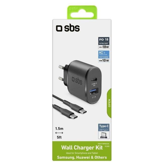 Sbs Caricabatterie PD 18W con Cavo Usb-C-Usb-C