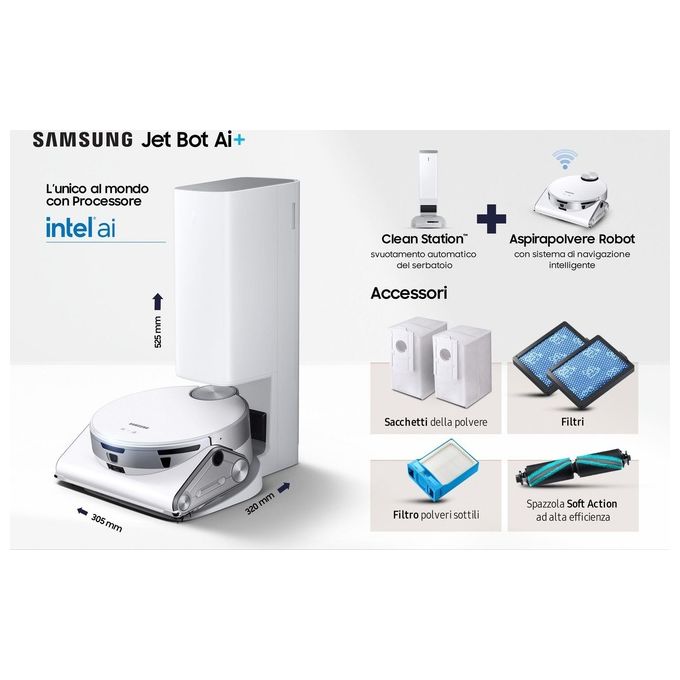 Samsung Jet Bot AI Aspirapolvere Robot 0.2 Litri Senza Sacchetto Argento-Bianco