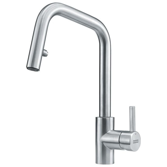 Franke Kubus Doccia Miscelatore monocomando con  canna inclinata girevole 180° e doccetta orientabile doppio getto Inox Satinato 115.0529.207