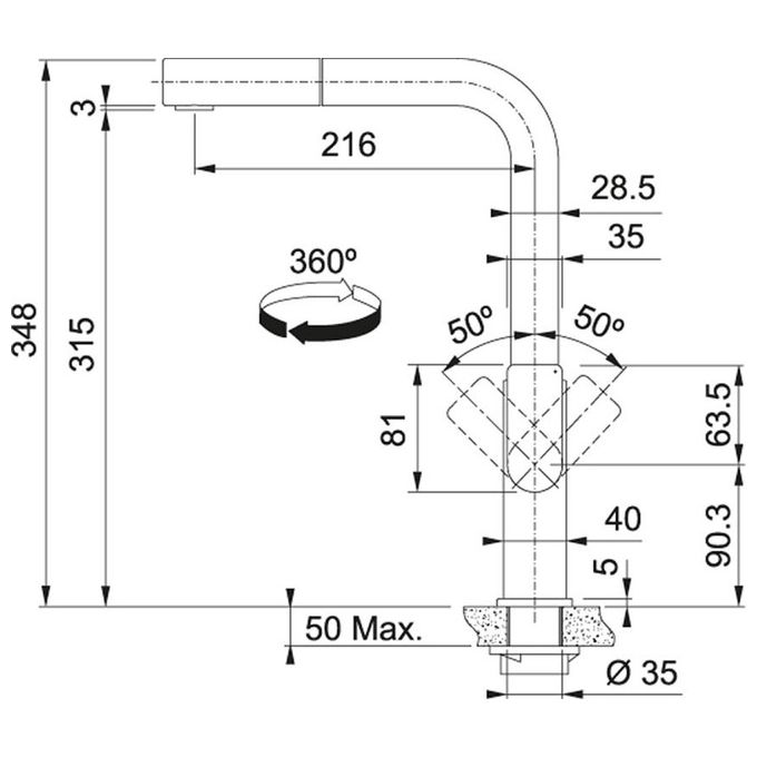 Franke Mythos Miscelatore monocomando con doccino estraibile e canna girevole 360° Acciaio Satinato 115.0547.853