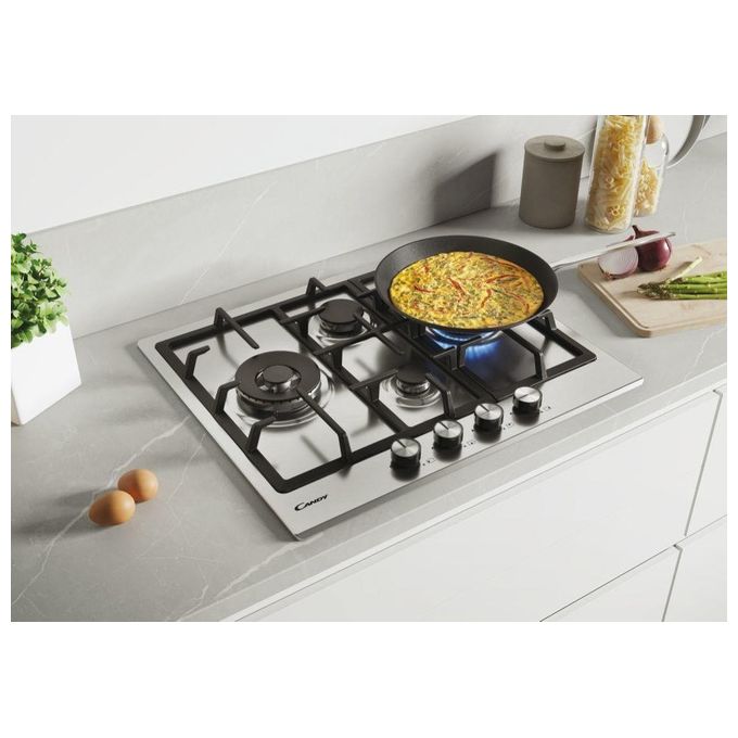 Candy CHG6DWEX Piano Cottura a Gas su metallo 4 zone Diamond Griglie in ghisa Doppia corona 60 cm 4 livelli di potenza Inox