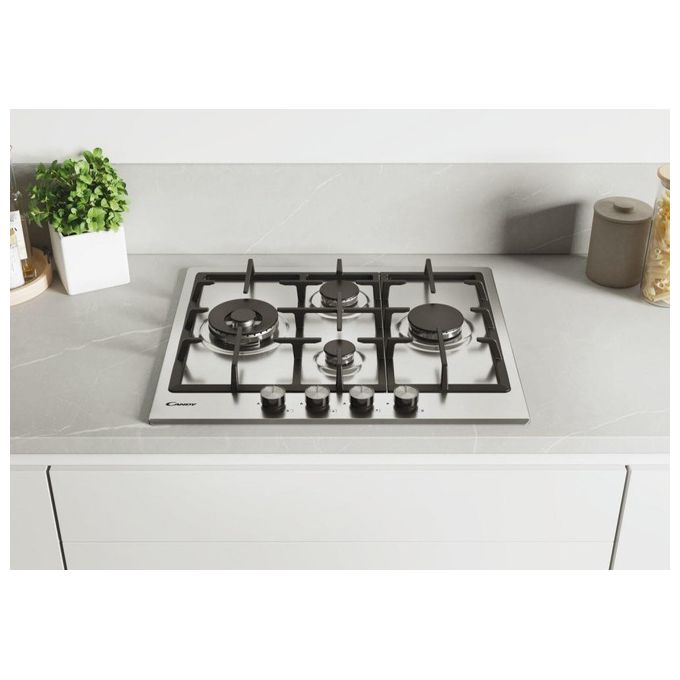 Candy CHG6DWEX Piano Cottura a Gas su metallo 4 zone Diamond Griglie in ghisa Doppia corona 60 cm 4 livelli di potenza Inox