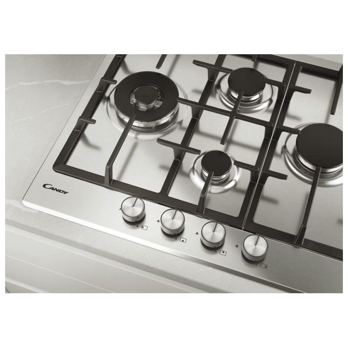 Candy CHG6DWEX Piano Cottura a Gas su metallo 4 zone Diamond Griglie in ghisa Doppia corona 60 cm 4 livelli di potenza Inox