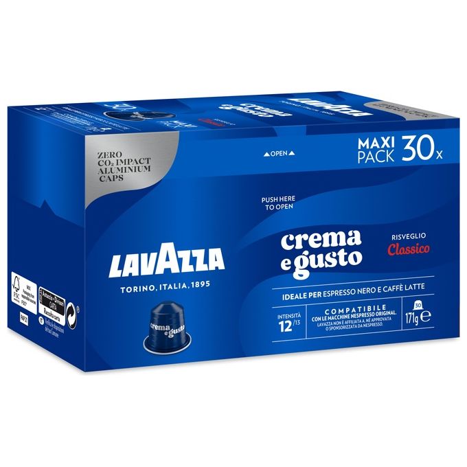 Lavazza Crema e Gusto Classico - Capsule compatibili Nespresso, miscela di Arabica e Robusta intensita' 12-13, gusto pieno con note di cioccolato, confezione da 30 capsule in alluminio monodose, confezionate in atmosfera protettiva, capsule riciclabili, c