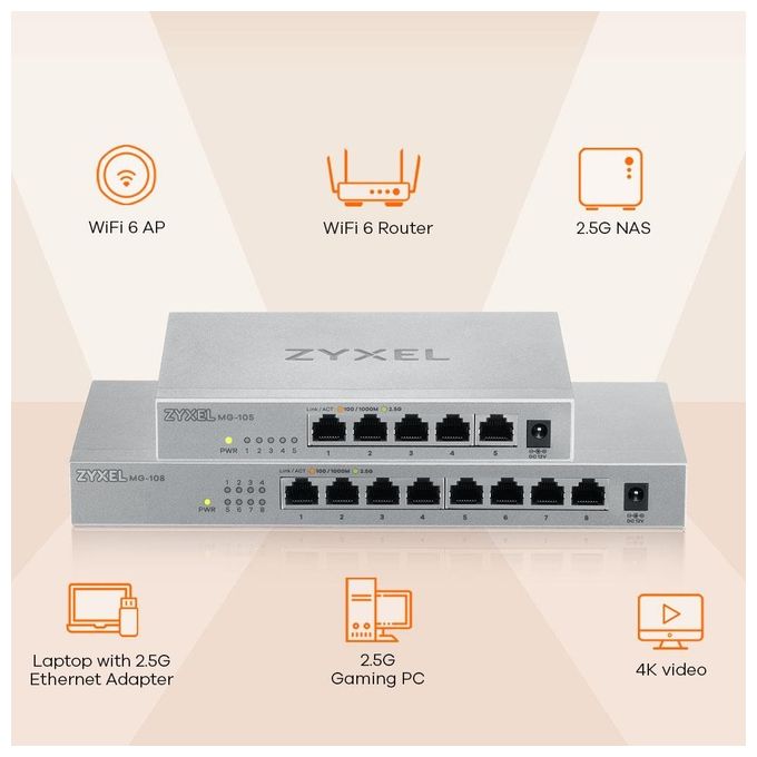 Zyxel MG-105 Switch Non Gestito 2.5G Ethernet 100-1000-2500 Acciaio