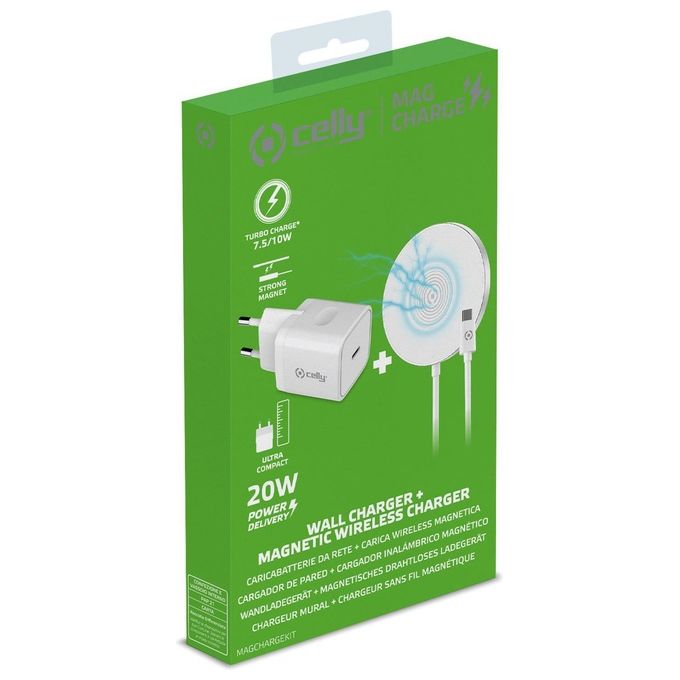 Celly MAGCHARGEKIT Kit con Alimentatore 20W e Caricabatterie Wireless Magnetico