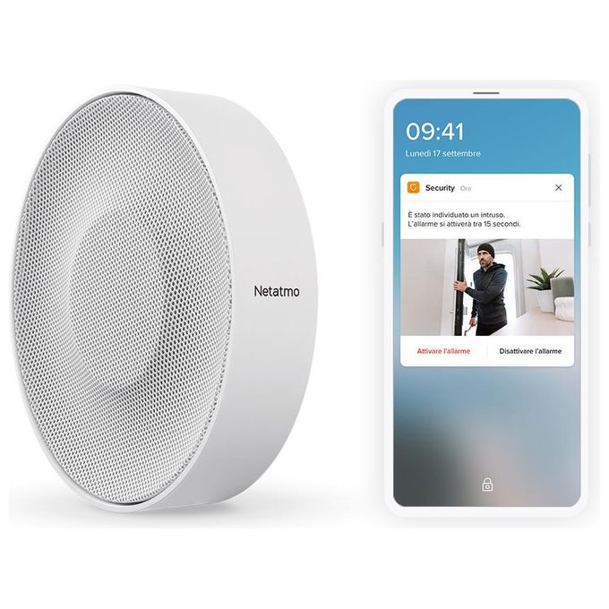 Netatmo NIS01-IT Sirena Interna Intelligente Wireless 110 dB Attivazione-Disattivazione Automatica Nessun Abbonamento Alimentata a Pile o con Cavo
