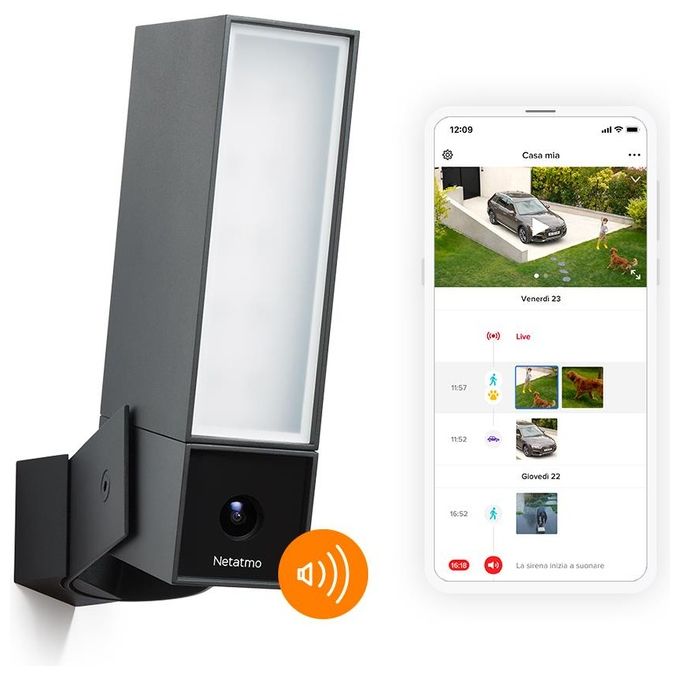 Netatmo Telecamera WIFI Esterna Intelligente con Sirena da 105 dB, Luce Integrata, Sensore di Movimento, Visione Notturna, Senza abbonamenti, Nero Intenso, NOC-S-IT