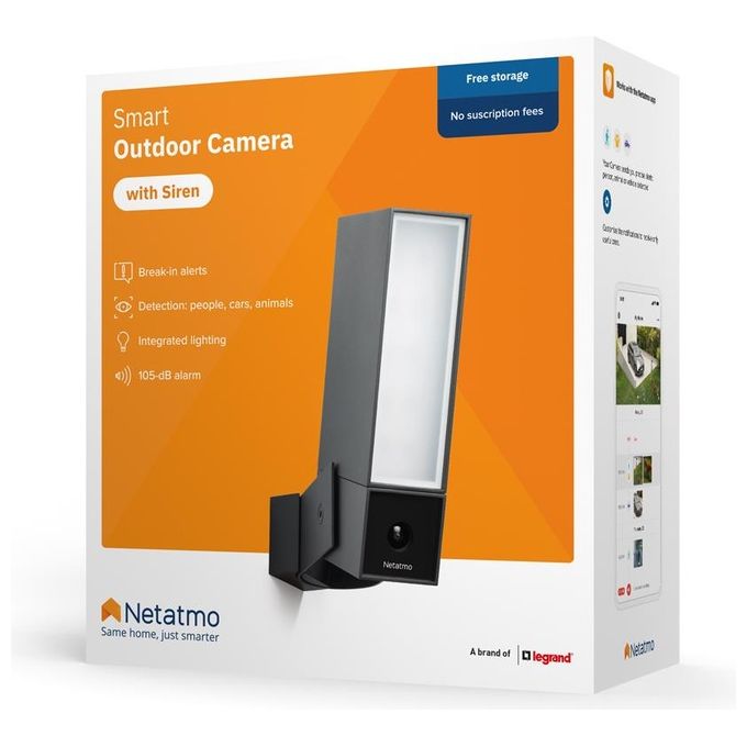 Netatmo Telecamera WIFI Esterna Intelligente con Sirena da 105 dB, Luce Integrata, Sensore di Movimento, Visione Notturna, Senza abbonamenti, Nero Intenso, NOC-S-IT