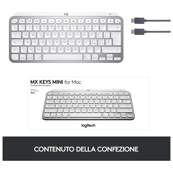 Logitech Mx Keys Mini per Mac Tastiera Rf Senza Fili + Bluetooth Italiano Argento-Bianco