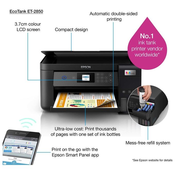Epson EcoTank ET-2850, Stampante Multifunzione Inkjet A4, Serbatoi Ricaricabili, Wi-Fi