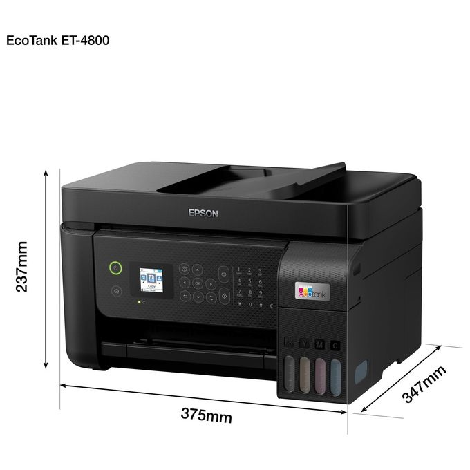[ComeNuovo] Epson EcoTank ET-4800 stampante A4 (stampa, copia, scansione, fax) ADF, display LCD 3.7cm, USB, Wi-Fi, Wi-Fi Direct, Ethernet, Epson Smart Panel, AirPrint, serbatoi flaconi alta capacita', Nero