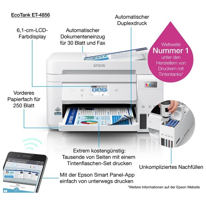 Epson Stampante Inkjet Multifunzione EcoTank ET-4856 Risoluzione 4800 x 1200 DPI A4 Bianca