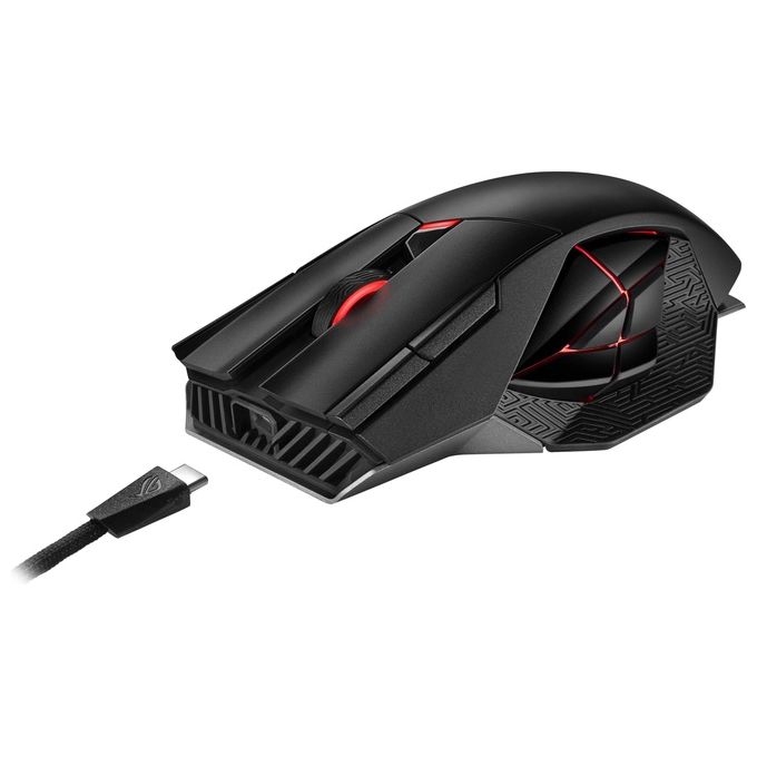 ASUS ROG Spatha X Mouse Gaming Dual-Mode (Wireless e USB-C), Sensore Ottico 19.000 DPI, 12 Tasti Programmabili, Socket Switch Push-Fit, ROG Micro Switch, Base di Ricarica Magnetica, ROG Paracord, Nero