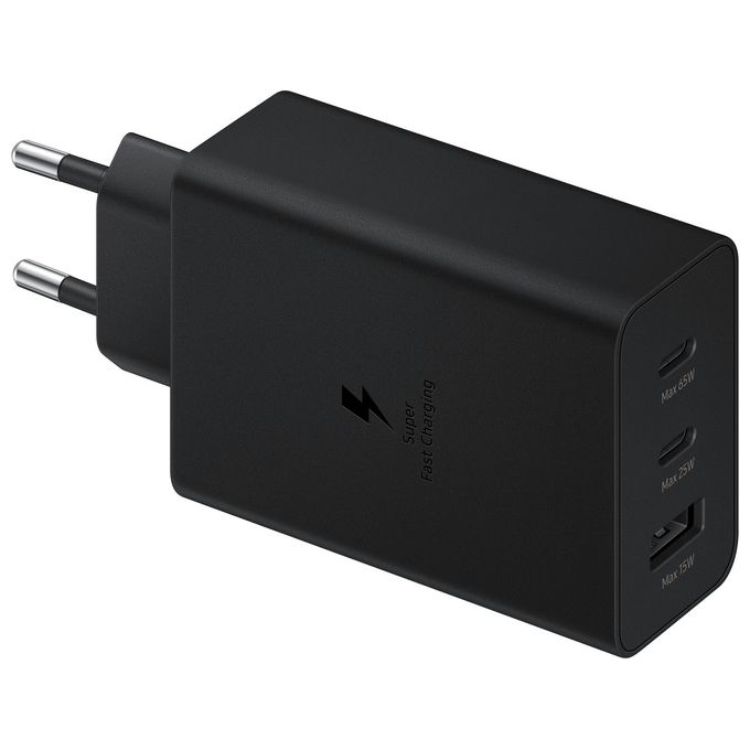 Samsung EP-T6530 Caricabatteria 65W, Ricarica Rapida, 3 Porte USB-C USB-A, Nero
