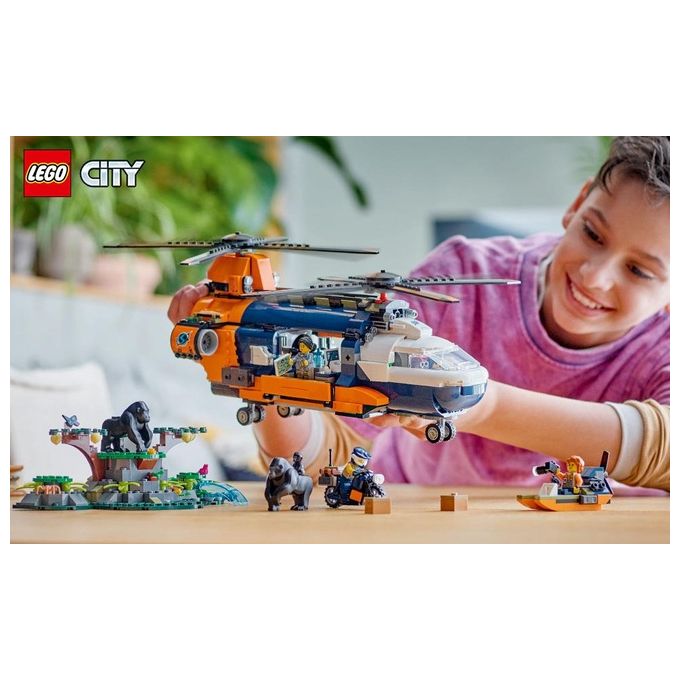 LEGO City Elicottero dell'Esploratore nella Giungla Modellino di Veicolo Giocattolo da Costruire con Doppi Rotori Giochi per Bambini da 8 Anni con Campo Base 3 Animali Gorilla e 5 Minifigure 60437