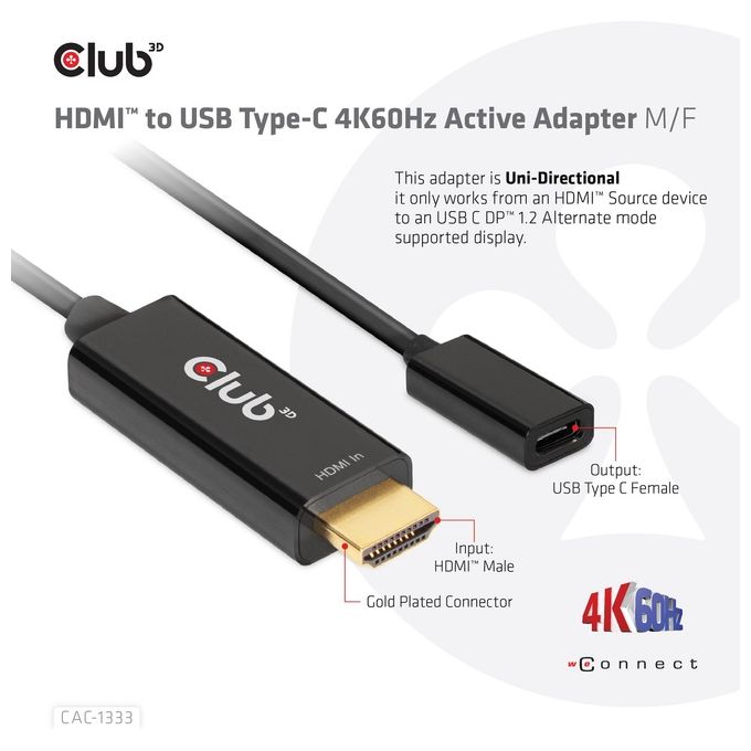 Club3D Adattatore Attivo da Hdmi a Usb Type-C 4K60Hz.