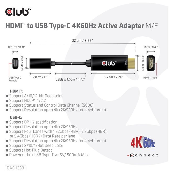 Club3D Adattatore Attivo da Hdmi a Usb Type-C 4K60Hz.