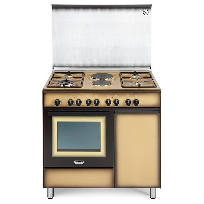 De Longhi DEMK 96 B42 ED Linea Design Cucina a Gas Libera Installazione Forno Elettrico 4 Fuochi + 2 Piastre Elettriche Classe energetica A Bruciatore Tripla Corona Cassetto Scaldavivande 8 Funzioni 90 cm Coppertone
