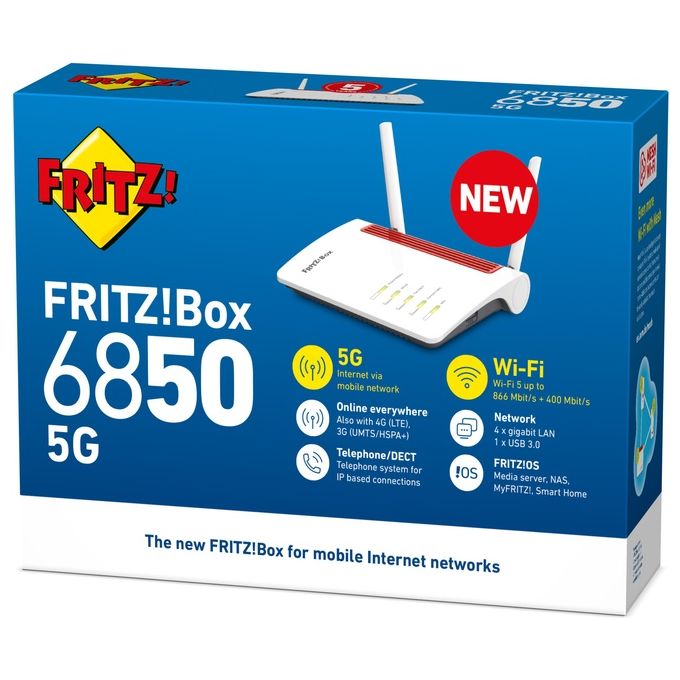 Fritz! Box 6850 Router 5G Wireless, Dual Band, Gigabit Ethernet, Bianco