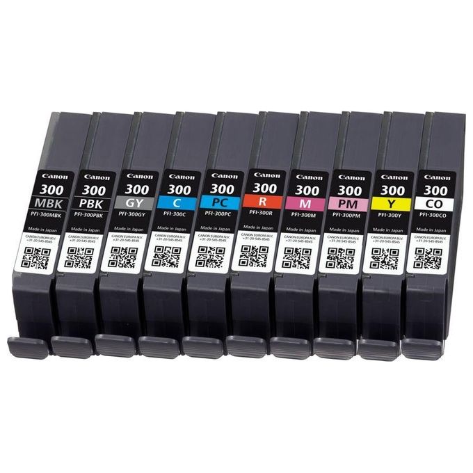 Canon PFI-300 Cartuccia d'Inchiostro 10 Pezzi Originale Nero-Blu-Ciano-Grigio-Magenta-Nero per Foto-Magenta per Foto-Rosso-Giallo