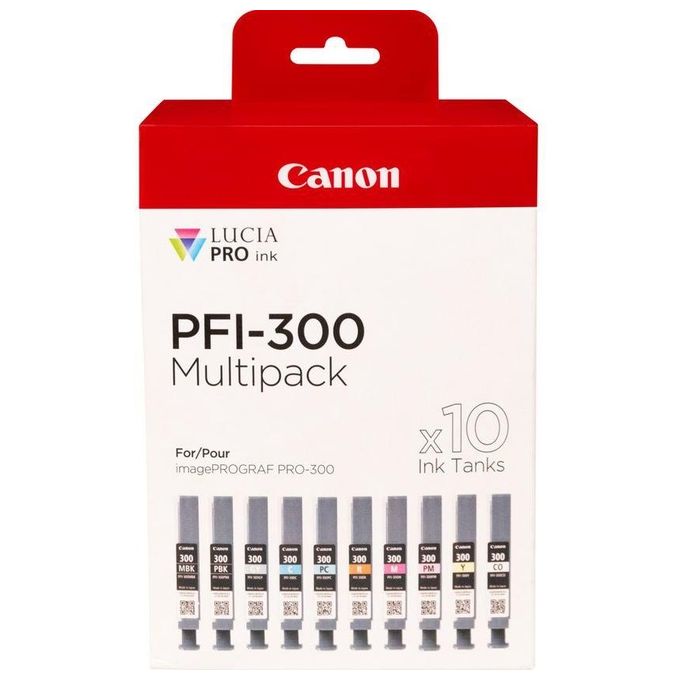 Canon PFI-300 Cartuccia d'Inchiostro 10 Pezzi Originale Nero-Blu-Ciano-Grigio-Magenta-Nero per Foto-Magenta per Foto-Rosso-Giallo